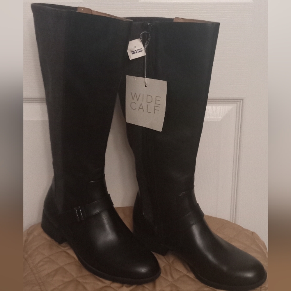 NEW Black Faux Leather/Gray Fabric Wide Calf Riding Boots